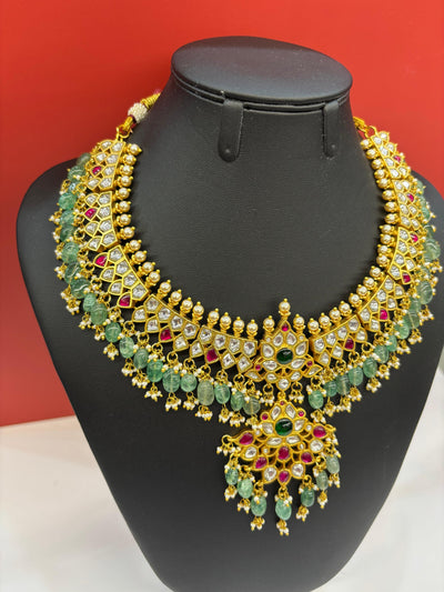 Gold-Plated Kundan & Emerald Bead Bridal Necklace with Ruby Accents