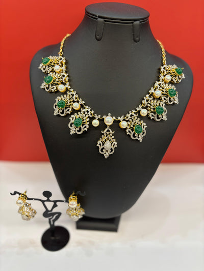 Gold & Silver-Tone Necklace Set with Green Stone Carvings, Pearls & CZ Accents