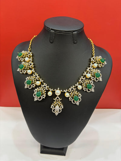Gold & Silver-Tone Necklace Set with Green Stone Carvings, Pearls & CZ Accents