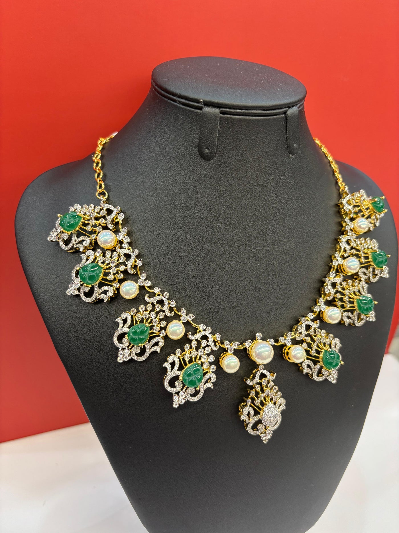 Gold & Silver-Tone Necklace Set with Green Stone Carvings, Pearls & CZ Accents