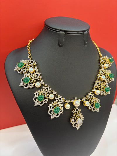 Gold & Silver-Tone Necklace Set with Green Stone Carvings, Pearls & CZ Accents