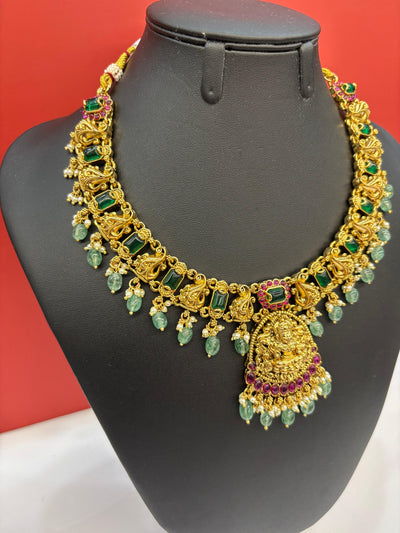 Antique Temple Necklace Set with Goddess Lakshmi Pendant, Green Stones & Ruby Accents