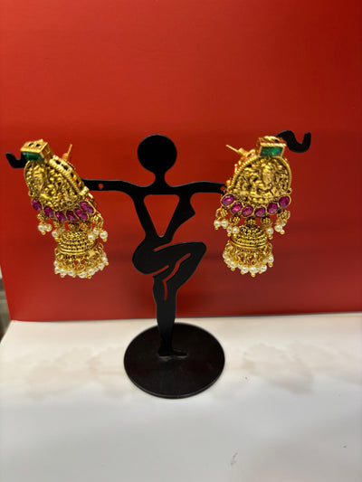 Antique Temple Necklace Set with Goddess Lakshmi Pendant, Green Stones & Ruby Accents