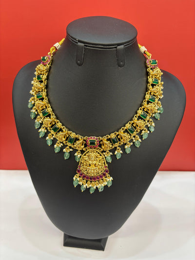 Antique Temple Necklace Set with Goddess Lakshmi Pendant, Green Stones & Ruby Accents