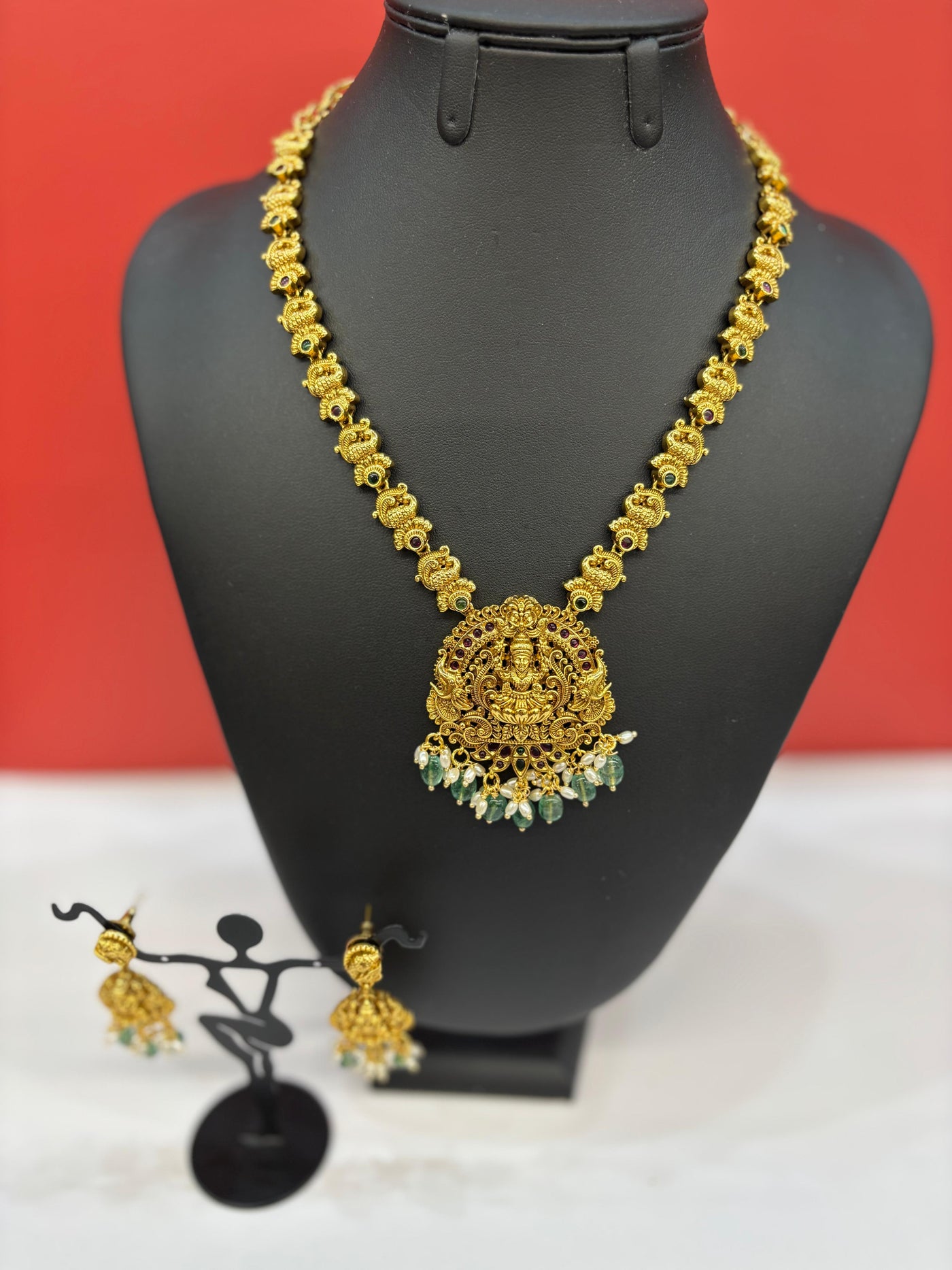 Antique Gold Temple Necklace Set with Goddess Lakshmi Pendant & Green Bead Drops