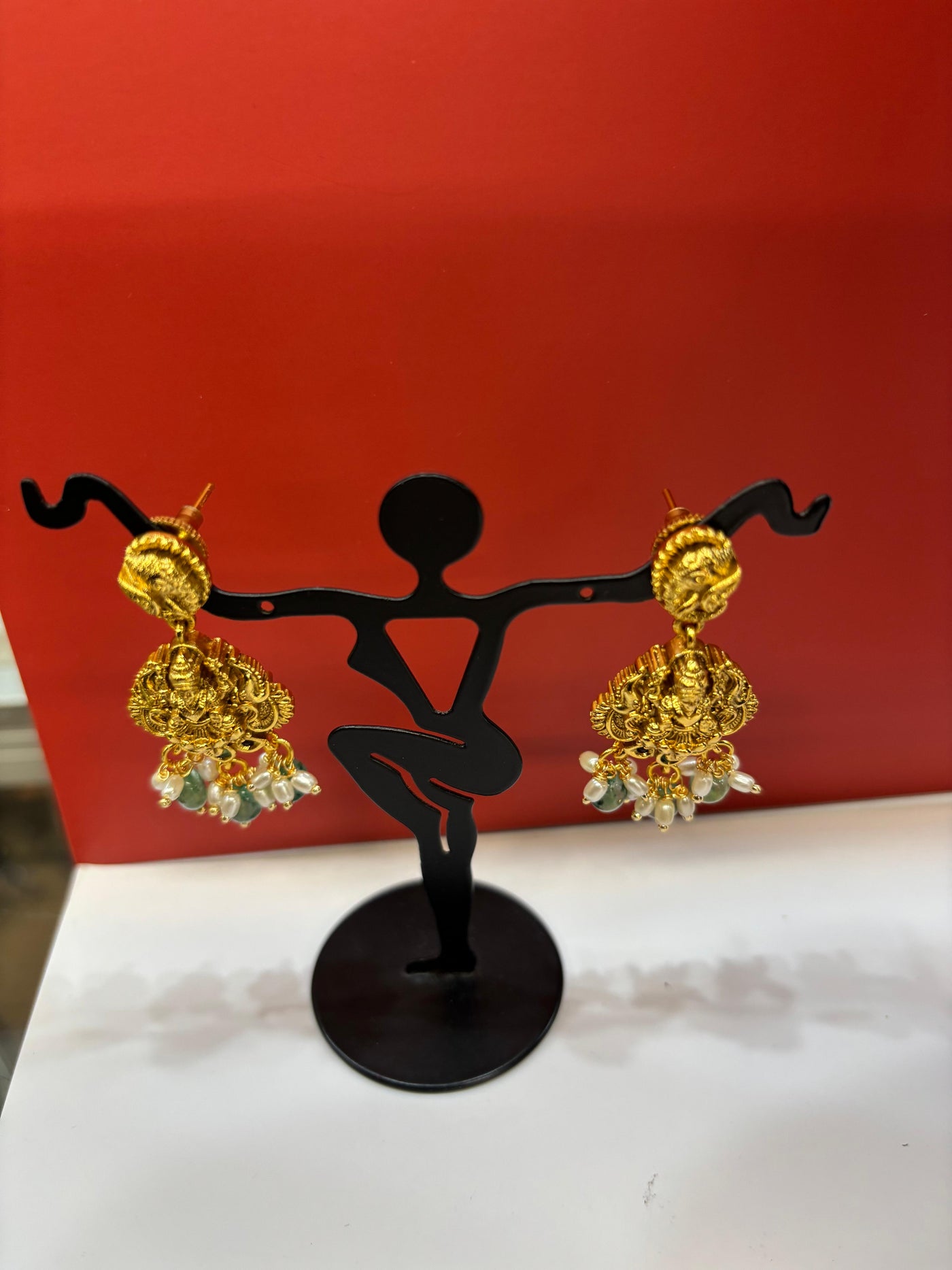 Antique Gold Temple Necklace Set with Goddess Lakshmi Pendant & Green Bead Drops