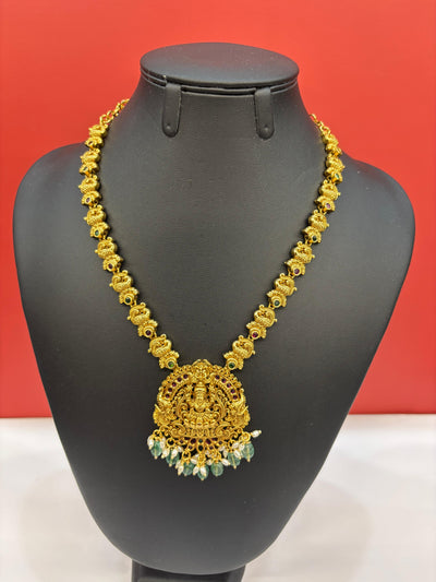 Antique Gold Temple Necklace Set with Goddess Lakshmi Pendant & Green Bead Drops