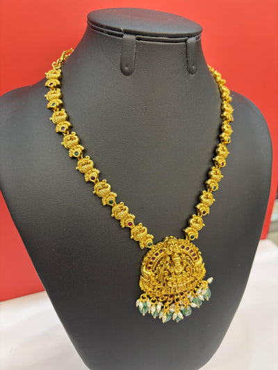 Antique Gold Temple Necklace Set with Goddess Lakshmi Pendant & Green Bead Drops