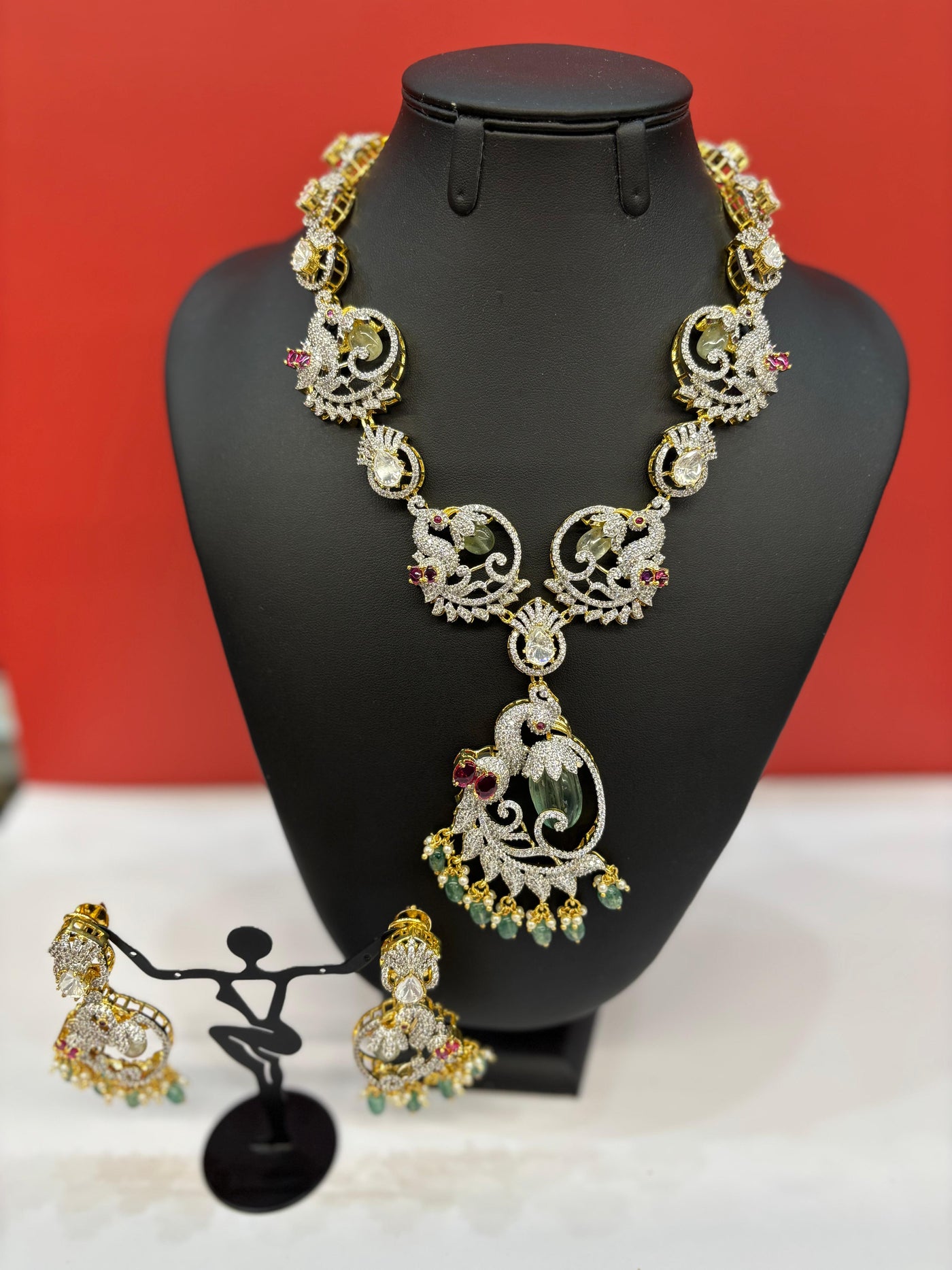 Gold & Silver-Tone Peacock Necklace Set with CZ Stones, Ruby Accents & Green Bead Drops