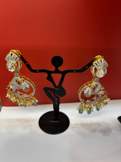 Gold & Silver-Tone Peacock Necklace Set with CZ Stones, Ruby Accents & Green Bead Drops