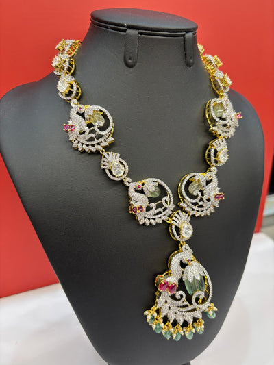 Gold & Silver-Tone Peacock Necklace Set with CZ Stones, Ruby Accents & Green Bead Drops