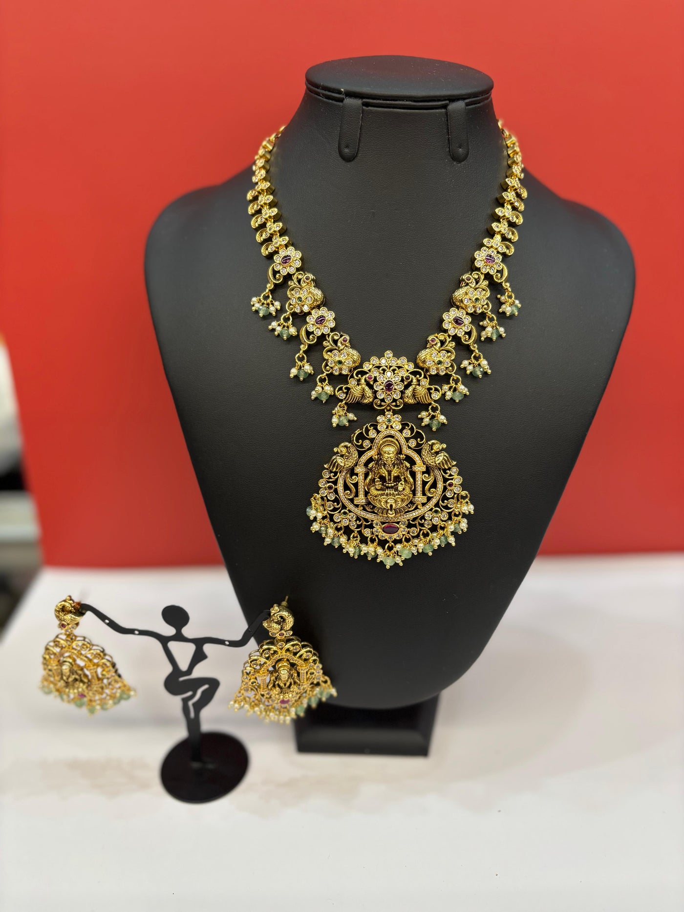 Antique Temple Necklace Set with Lakshmi Pendant, Ruby Accents & Pearl Drops