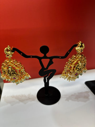 Antique Temple Necklace Set with Lakshmi Pendant, Ruby Accents & Pearl Drops