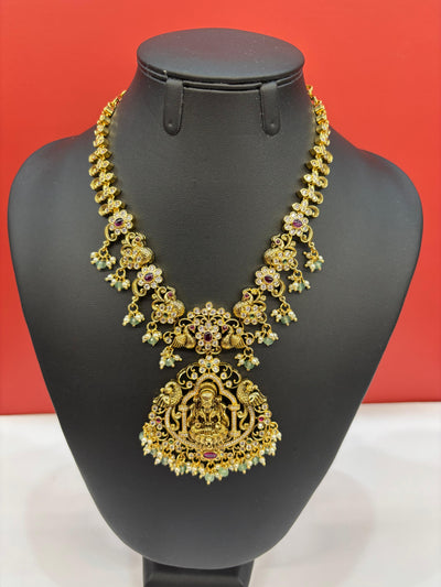 Antique Temple Necklace Set with Lakshmi Pendant, Ruby Accents & Pearl Drops
