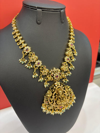 Antique Temple Necklace Set with Lakshmi Pendant, Ruby Accents & Pearl Drops