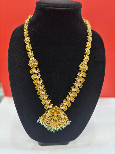 Antique Temple Necklace Set with Lakshmi Pendant, Emerald Bead Drops &amp; Matching Jhumkas