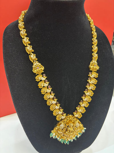 Antique Temple Necklace Set with Lakshmi Pendant, Emerald Bead Drops &amp; Matching Jhumkas