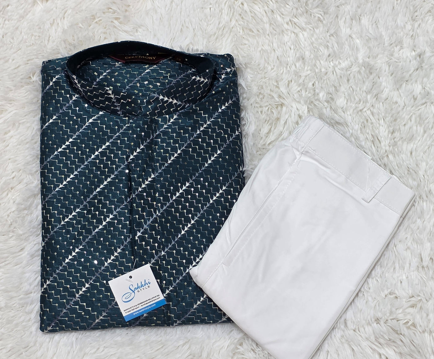 Elegant Persian Green Sequin Kurta with Classic White Pyjama