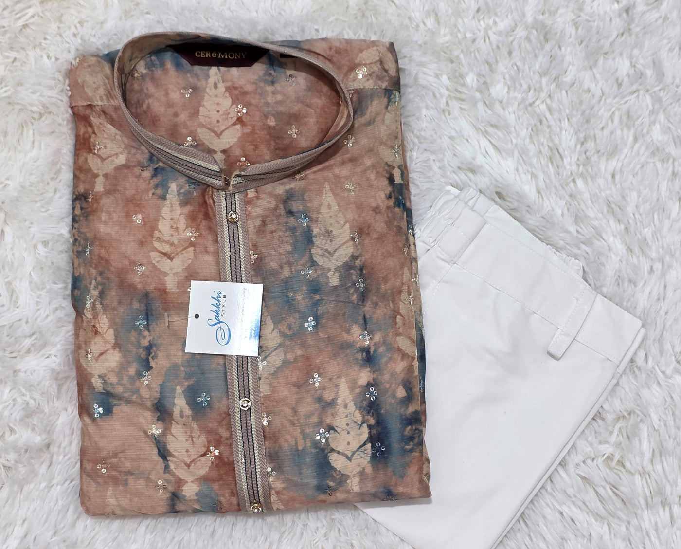 Elegant Beige & Blue Tie-Dye Kurta Pyjama with Sequin Detailing