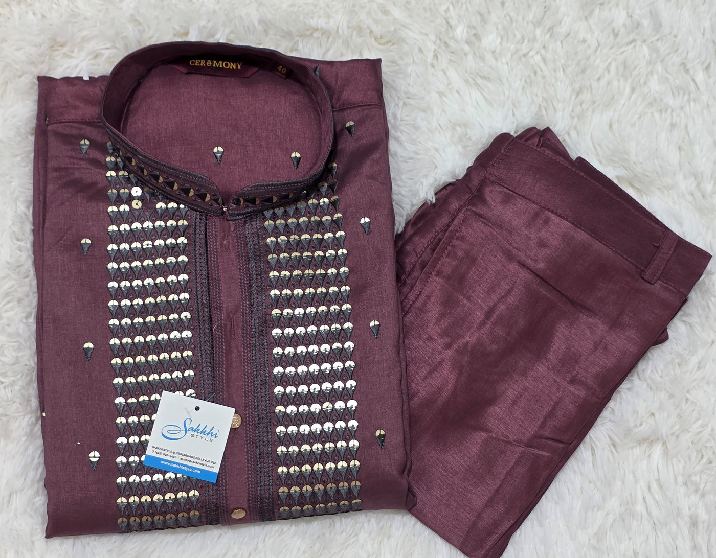 Maroon Mirror-Work Kurta Pajama Set for Men