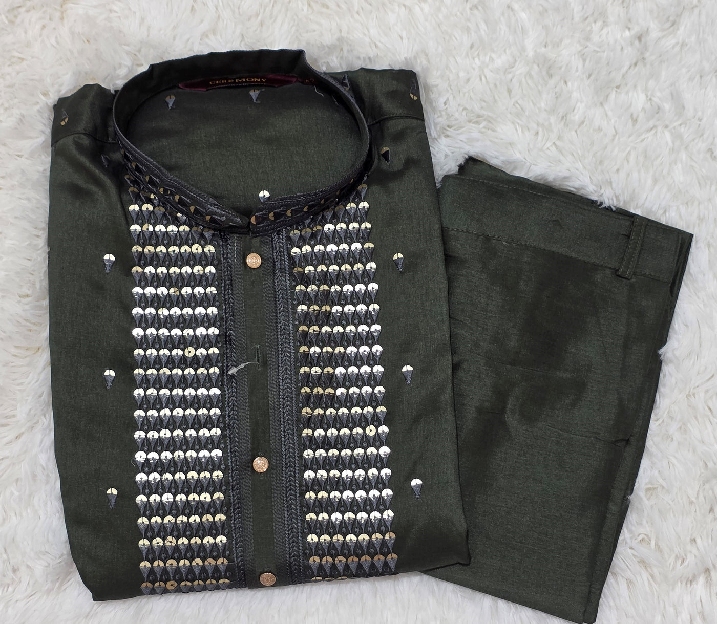 Dark Green Mirror-Embellished Kurta Pajama Set for Men