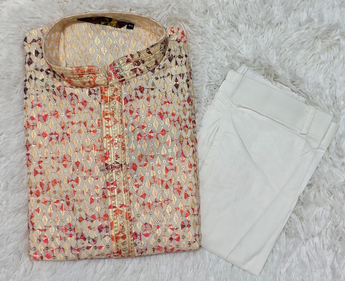 Golden Beige Festive Kurta Pajama Set with Geometric Shine