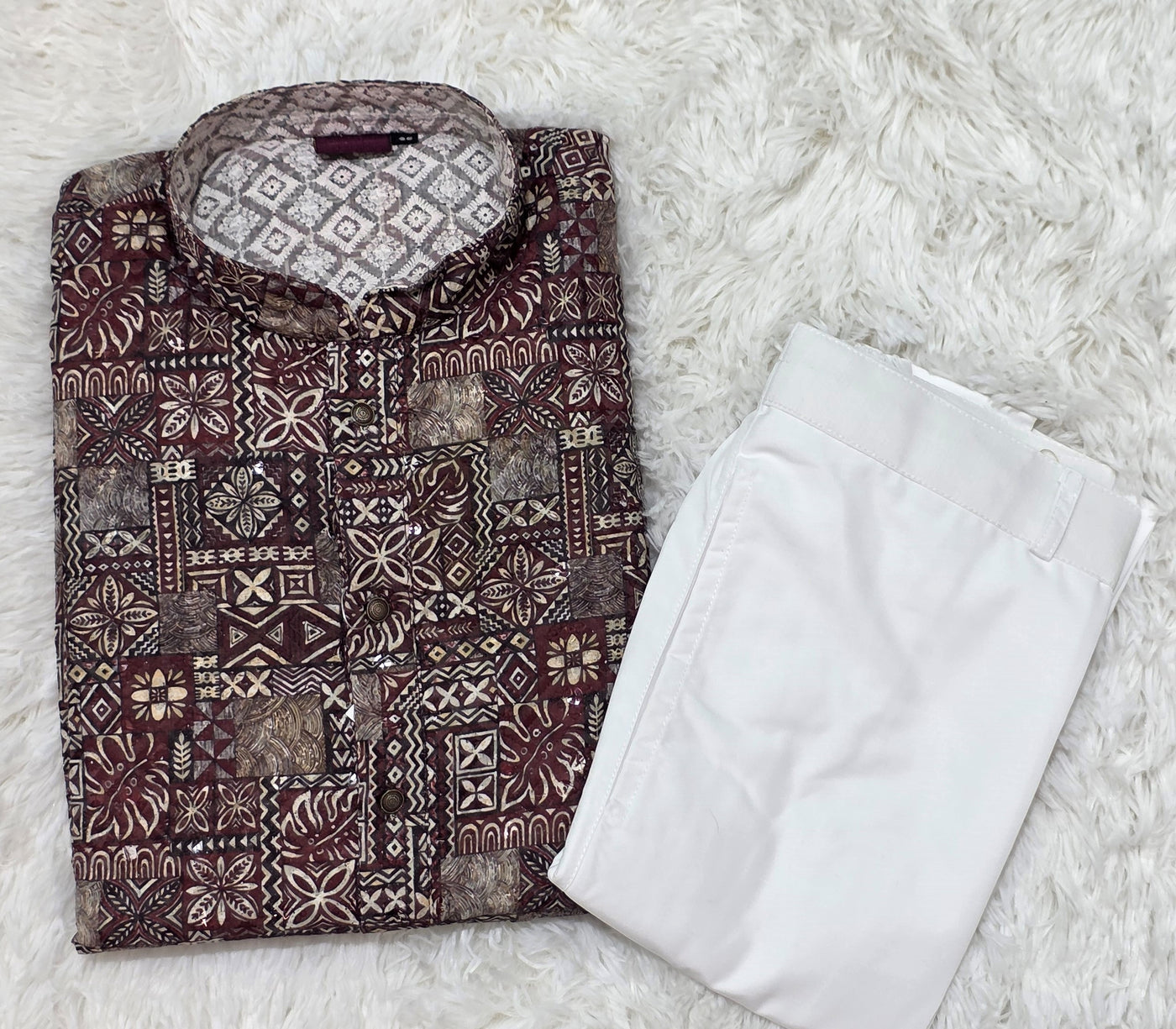 Men's Maroon Multi-Pattern Printed Kurta Pyjama Set