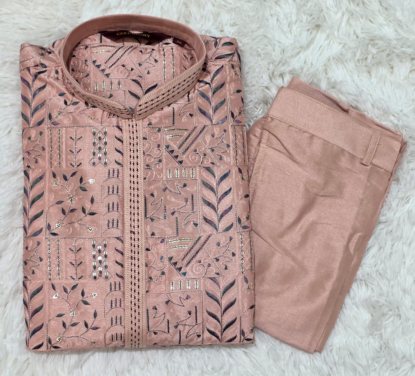 Men’s Embroidered Kurta Pyjama Set – Blush Pink