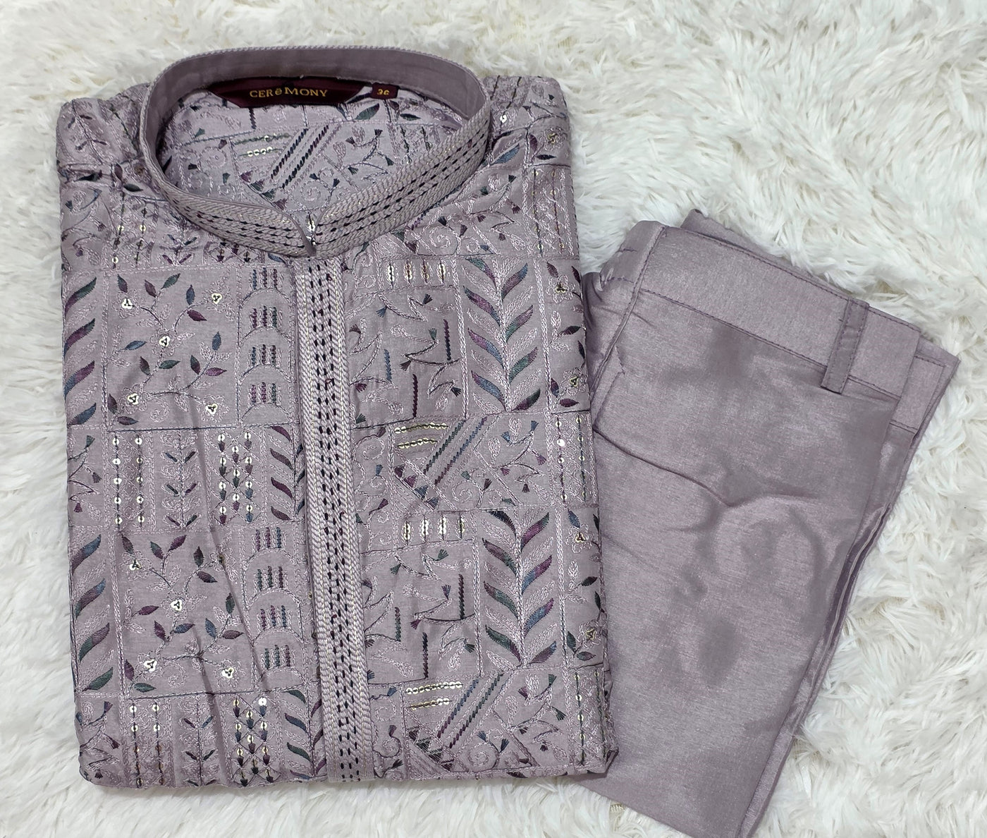 Lavender Textured Kurta Pajama Set with Embroidered Detailing