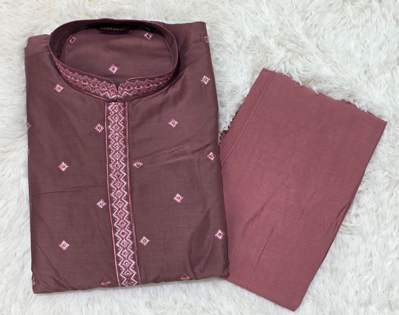 Maroon Kurta Pajama Set with Pink Embroidered Detailing