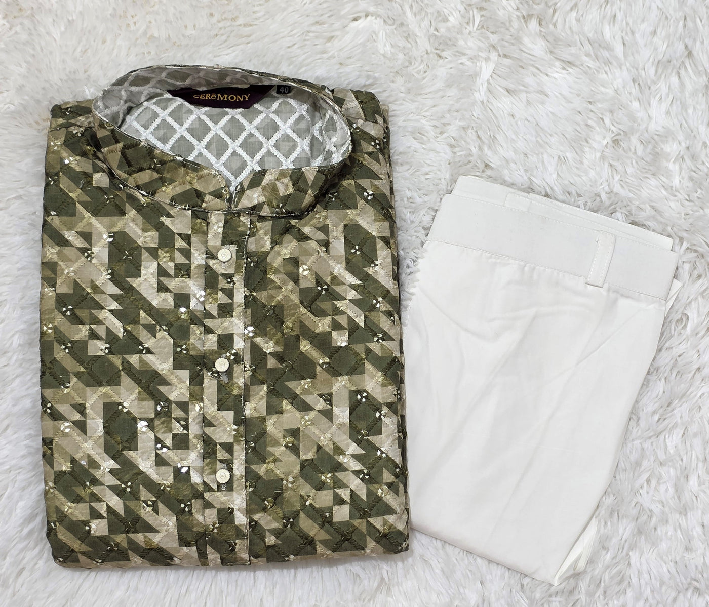 Olive Green Printed Kurta Pajama Set for Men
