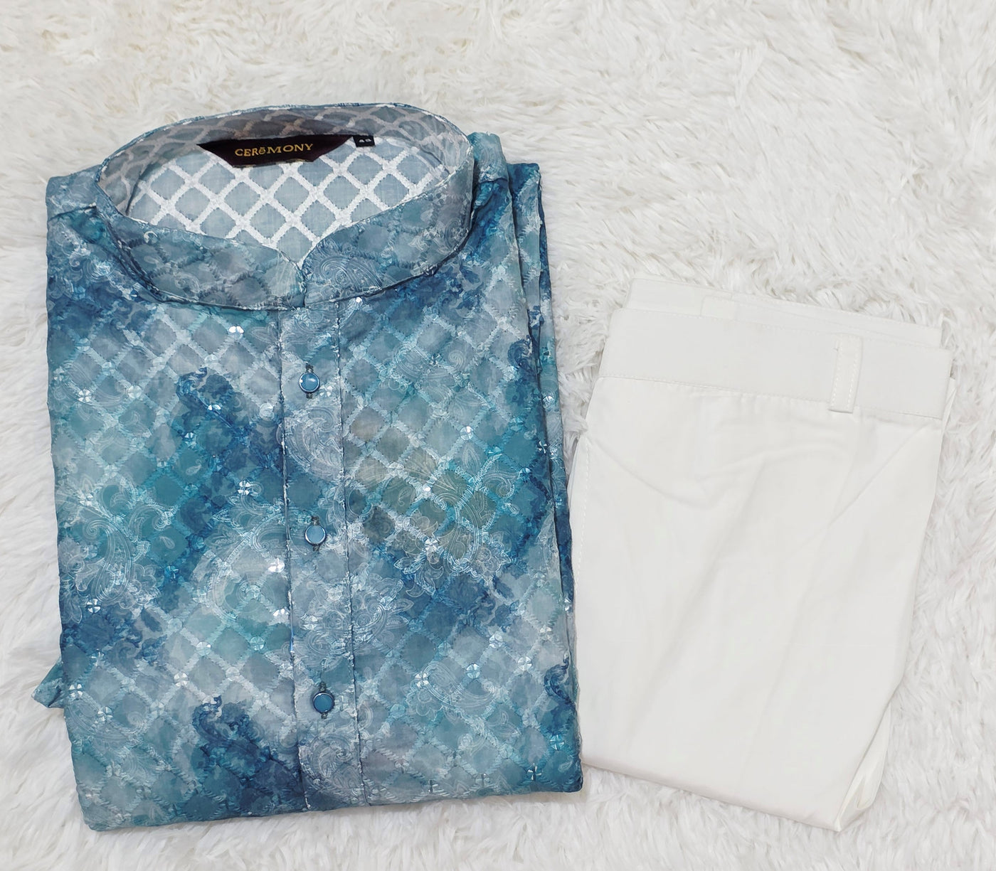 Blue Printed Kurta Pajama Set for Men
