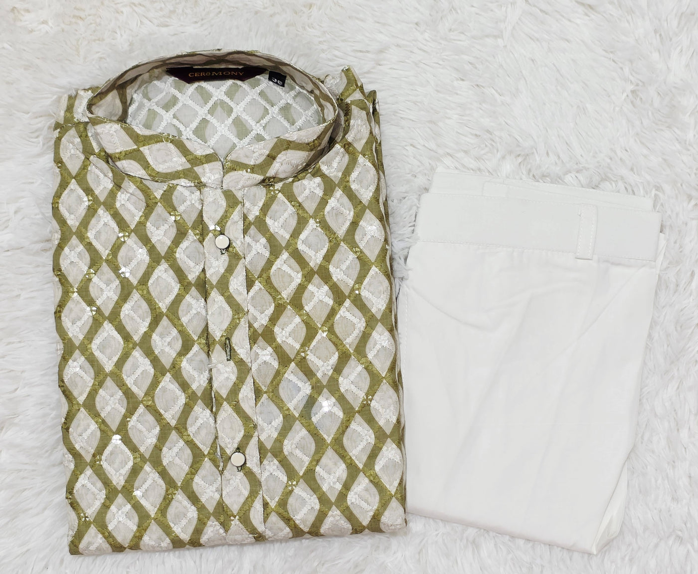 Olive Green & White Sequin Kurta Pajama Set for Men