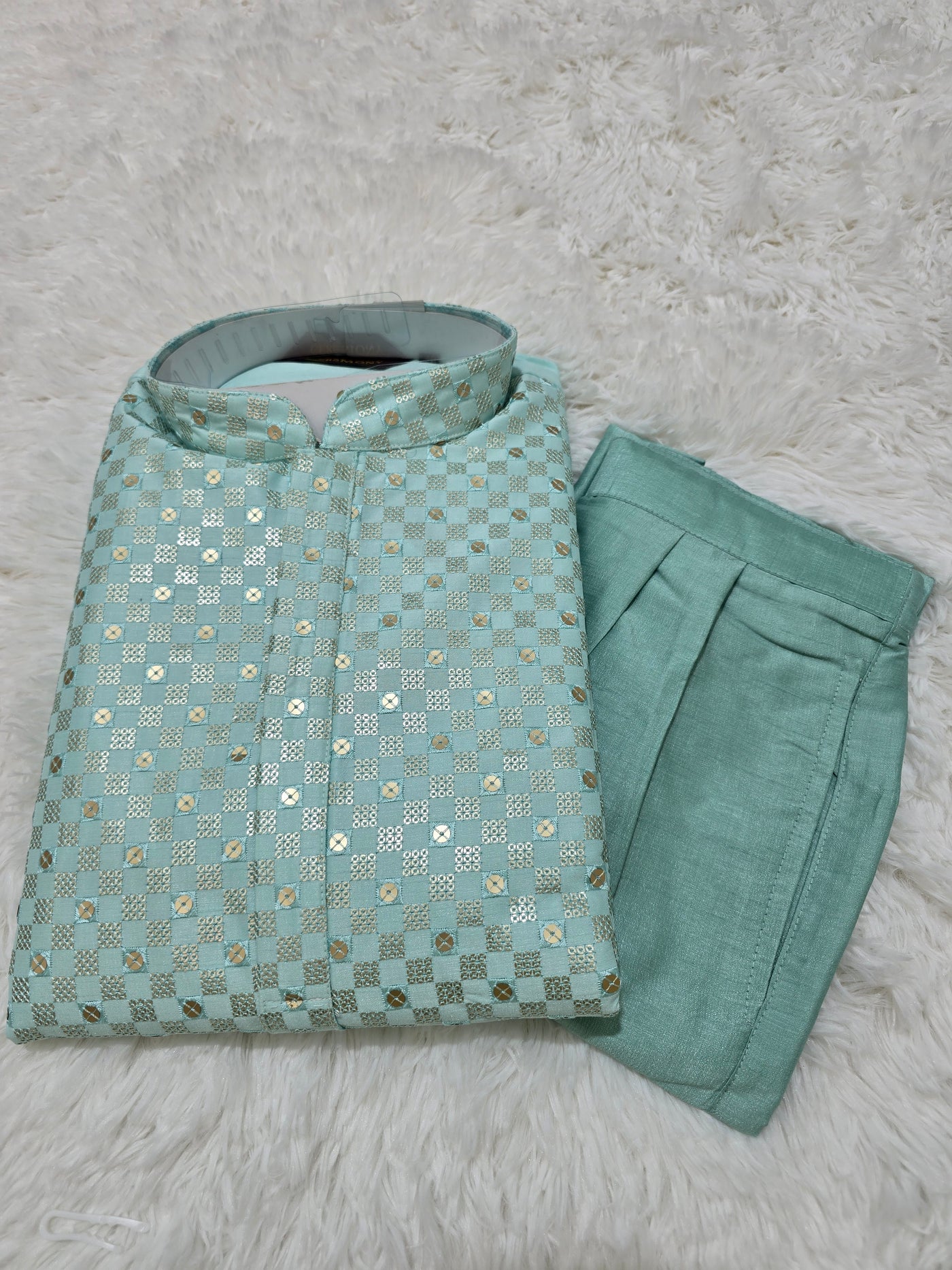 Pastel Green Kurta Pajama Set with Golden Detailing
