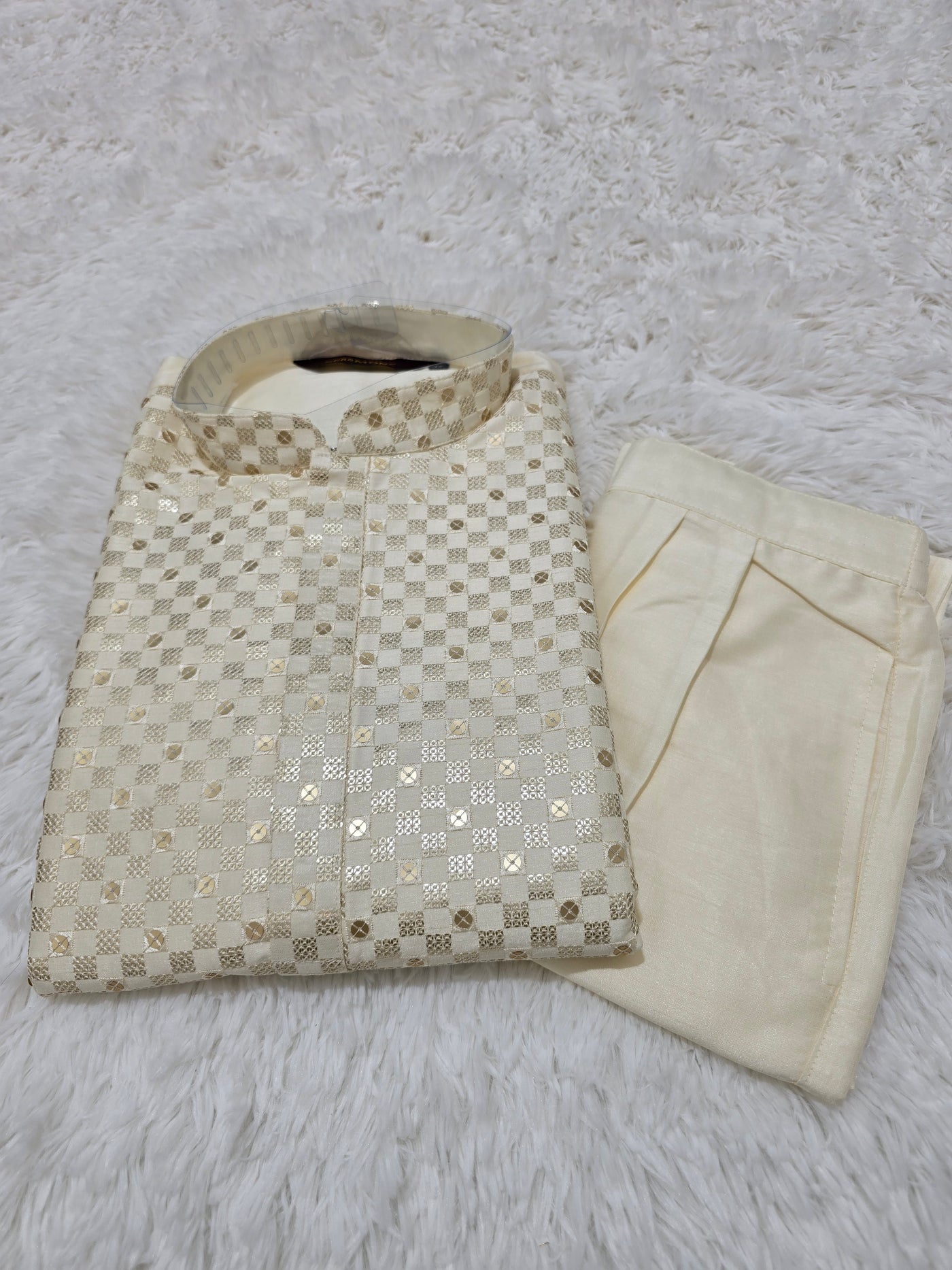 Men’s Cream & Gold Jacquard Kurta Pajama Set