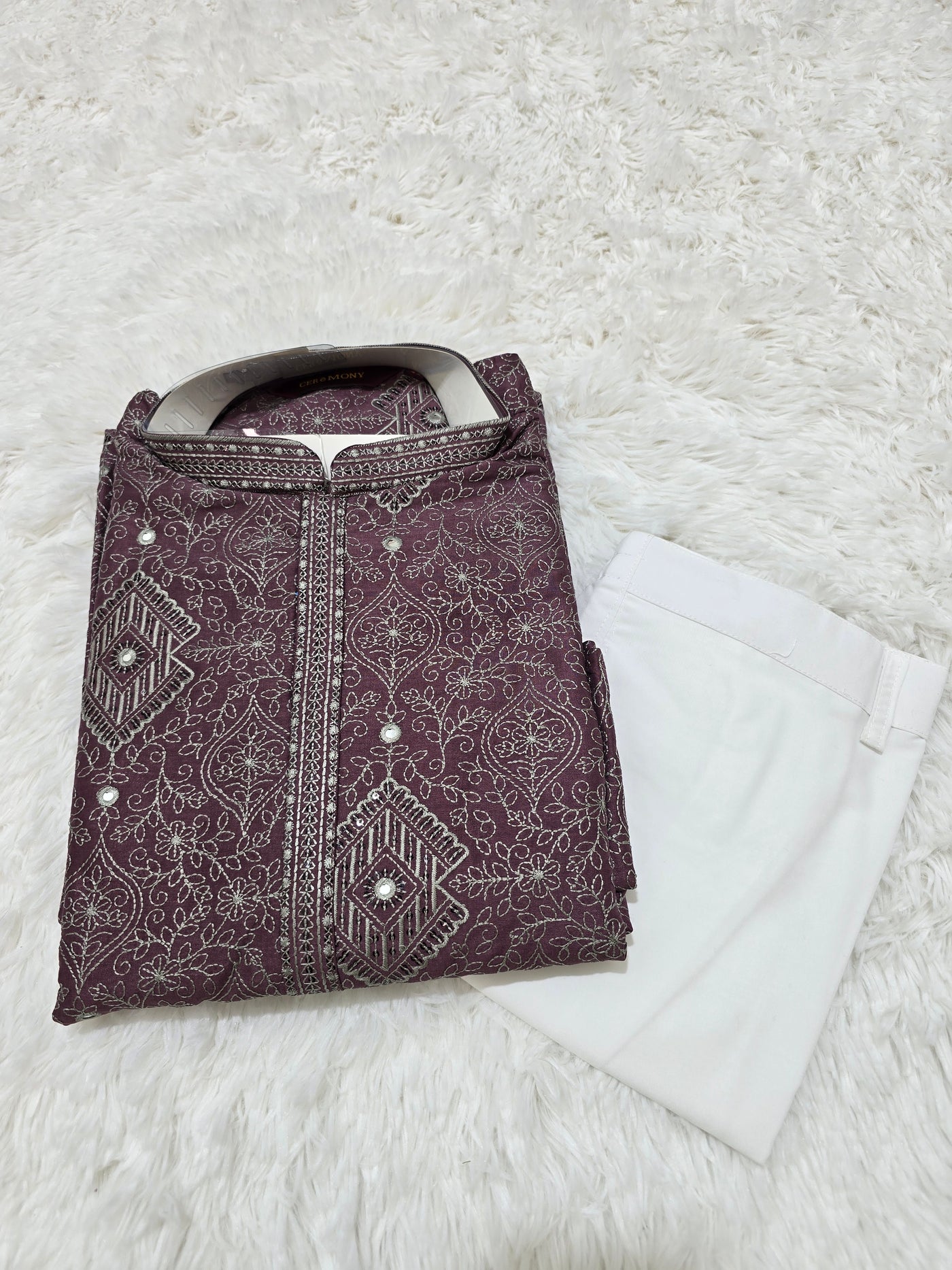 Maroon Embroidered Kurta Pajama Set with White Bottom