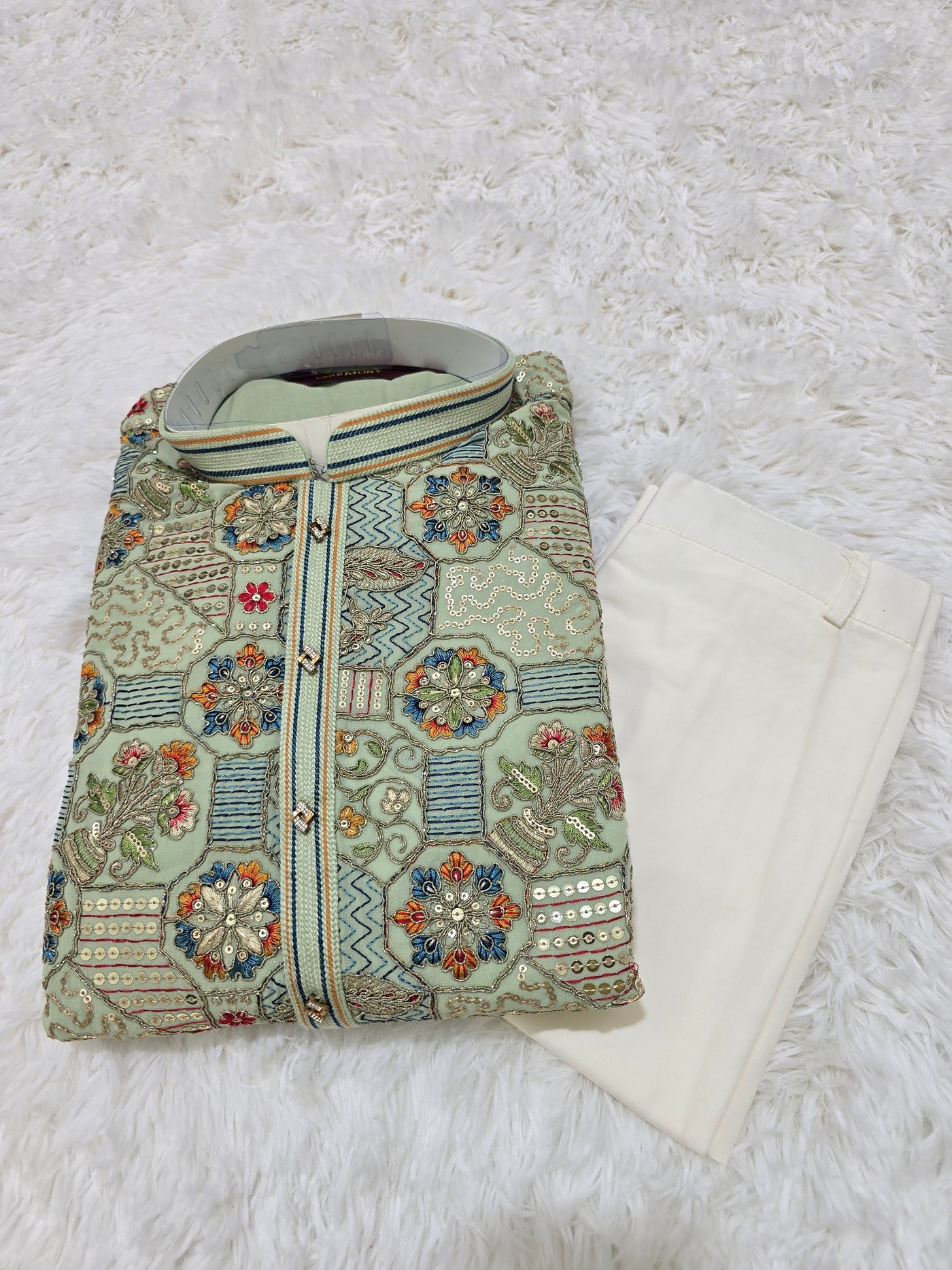 Men’s Pastel Green Multicolor Embroidered Kurta Pajama Set