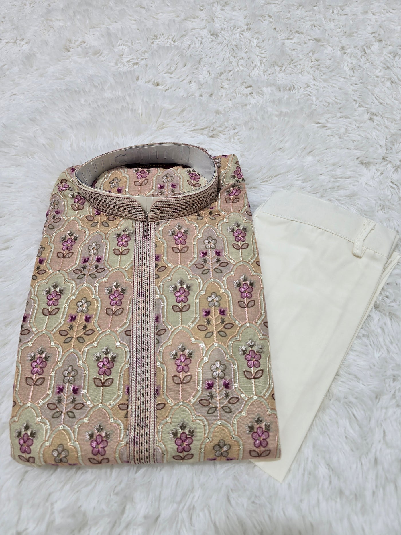 Men’s Beige & Pink Floral Embroidered Kurta with White Pajama Set