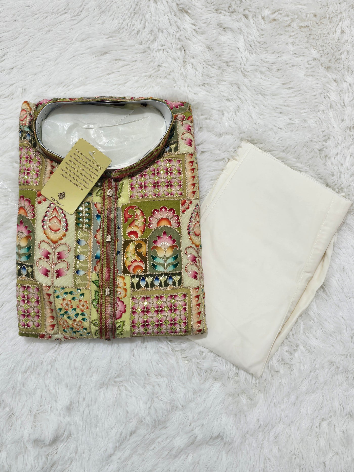 Men’s Multicolor Embroidered Designer Kurta with White Pajama Set