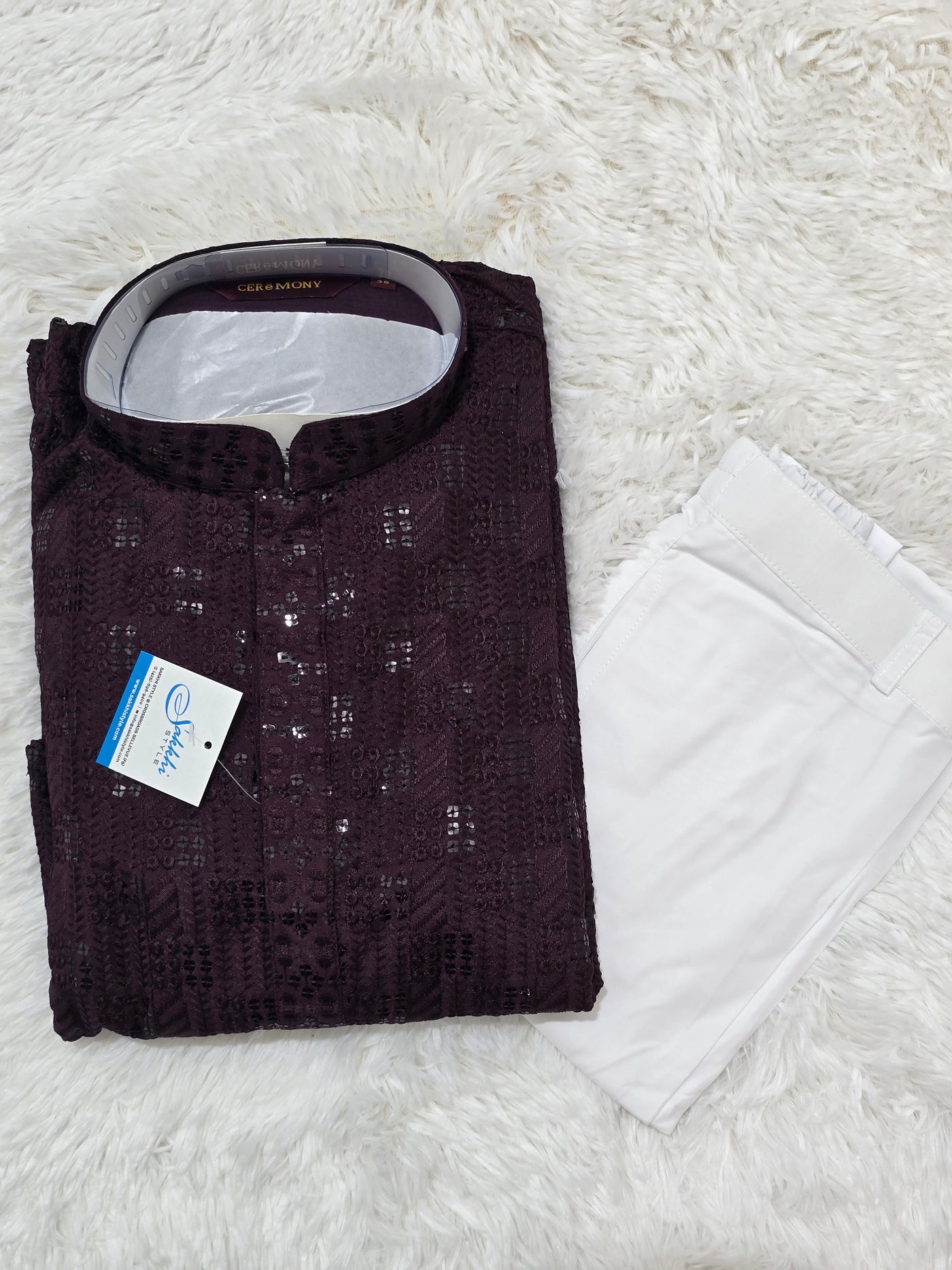 Men’s Wine Sequin Kurta with White Pajama Set