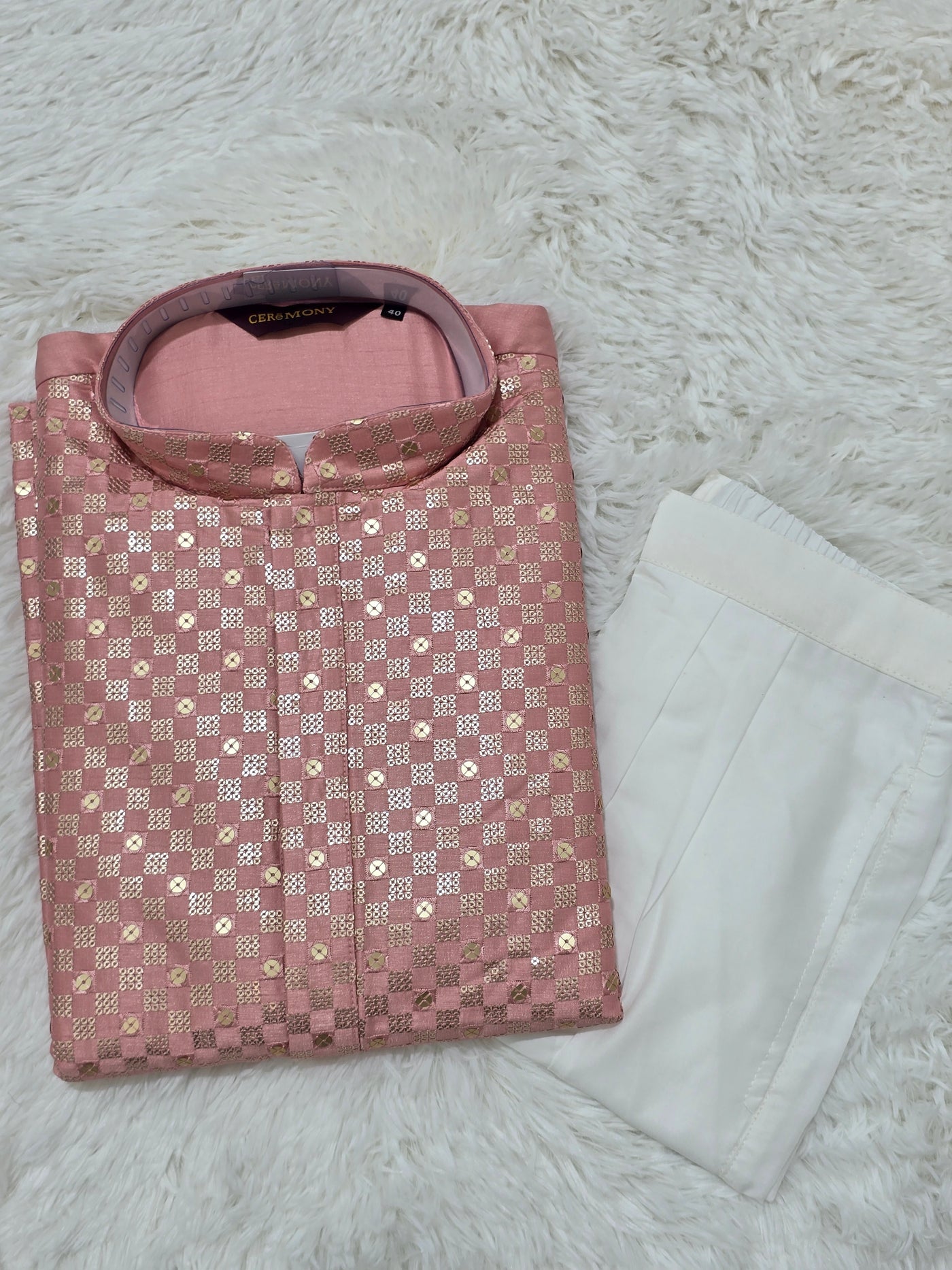Men’s Pink & Gold Jacquard Kurta with White Pajama Set