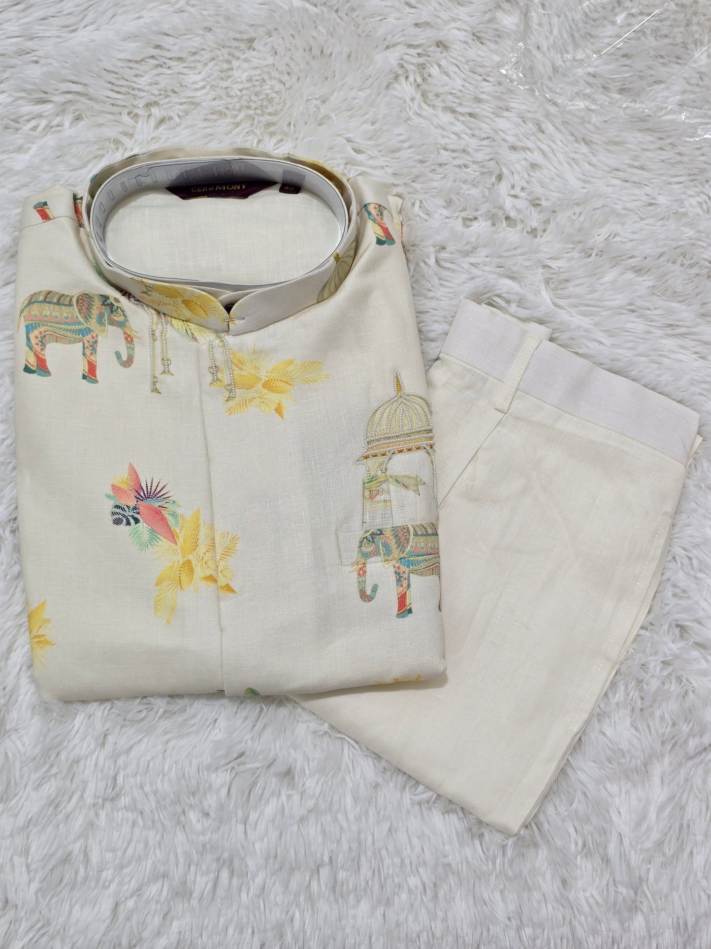 Men’s Ivory Printed Kurta with Pearl Work and White Pajama Set