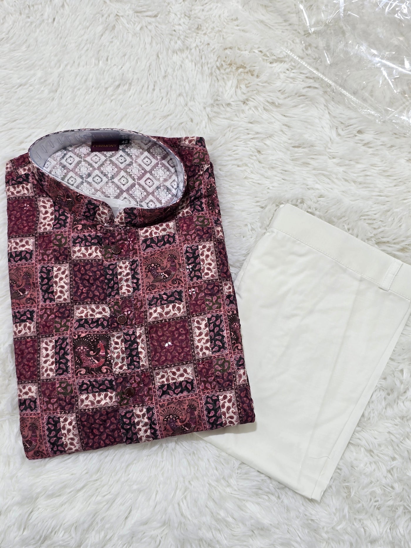 Men’s Maroon Block Print Style Kurta with White Pajama Set