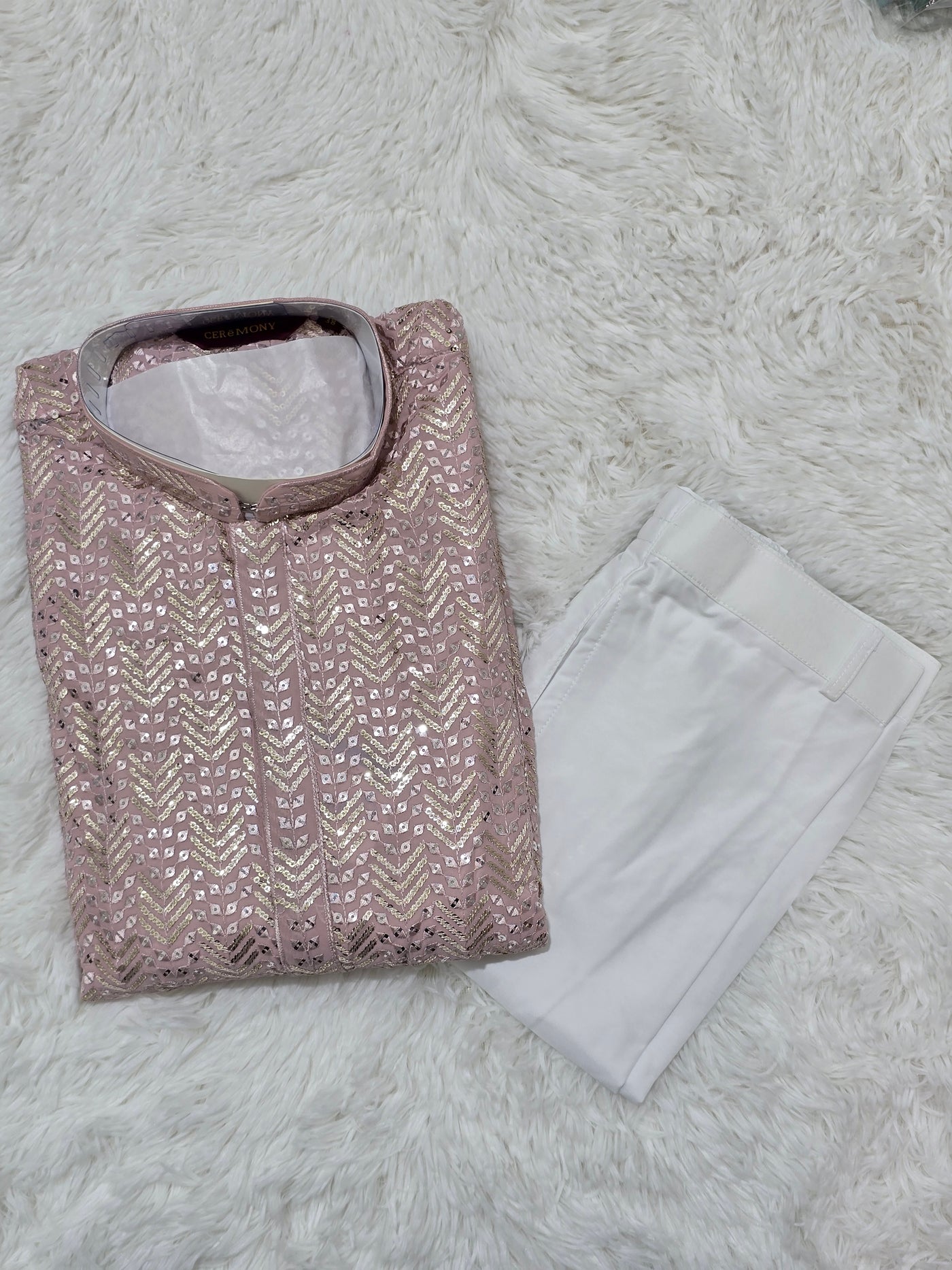 Men’s Light Pink Sequin Chevron Kurta with White Pajama Set
