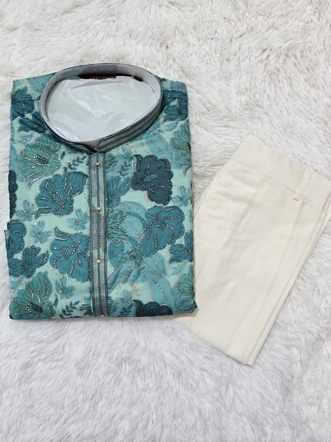 Men’s Teal Floral Embroidered Kurta with White Pajama Set
