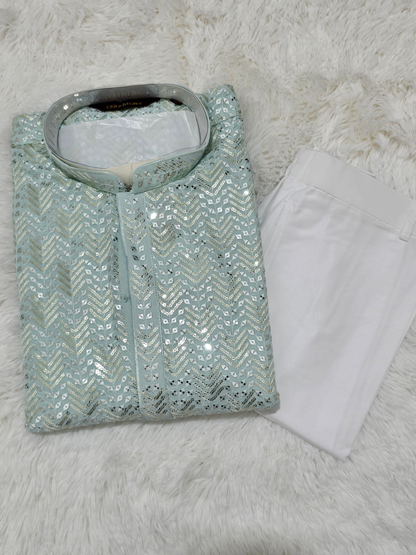 Men’s Mint Green Sequin Chevron Kurta with White Pajama Set