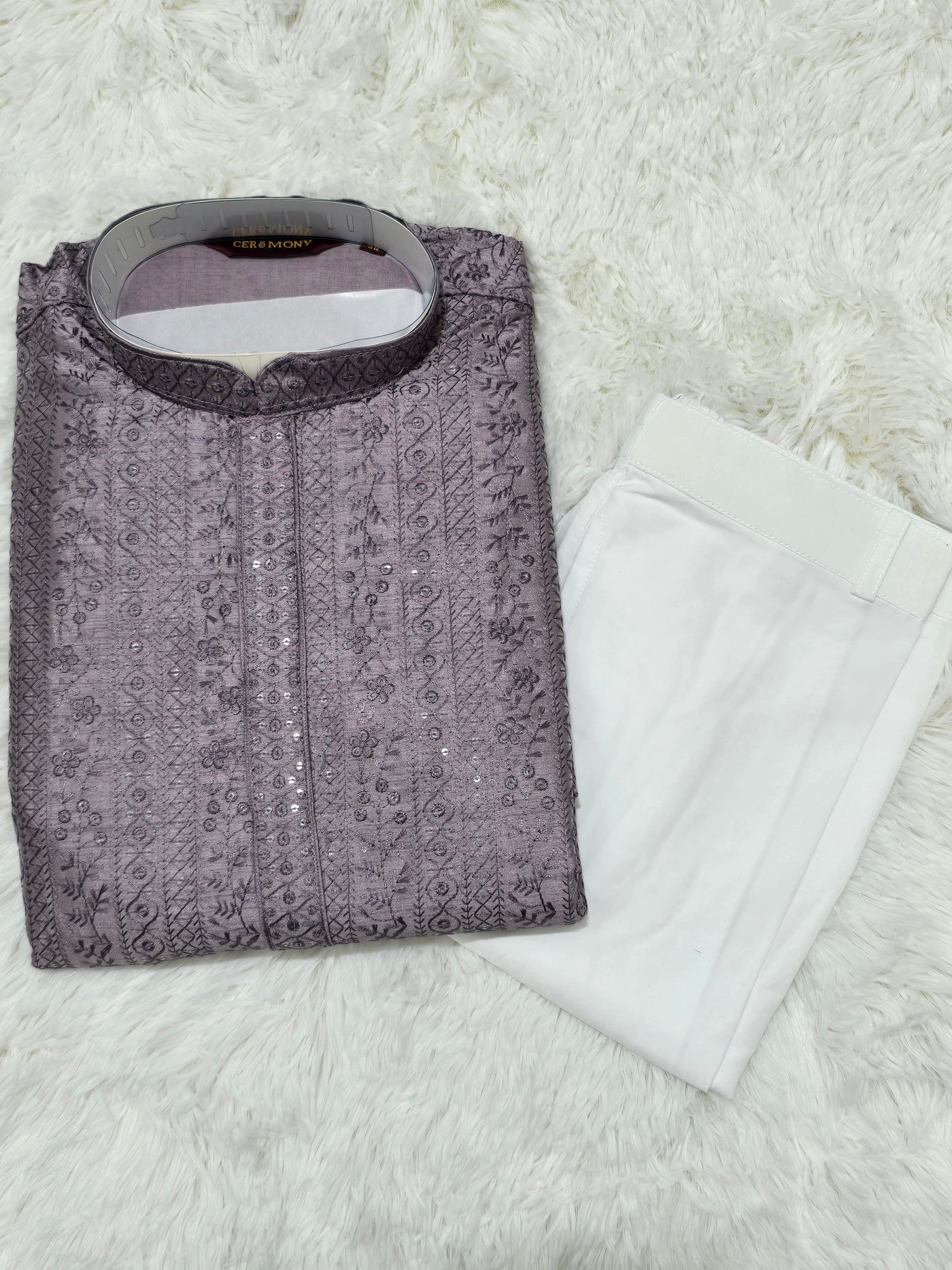 Men’s Lavender Self-Textured Kurta with White Pajama Set