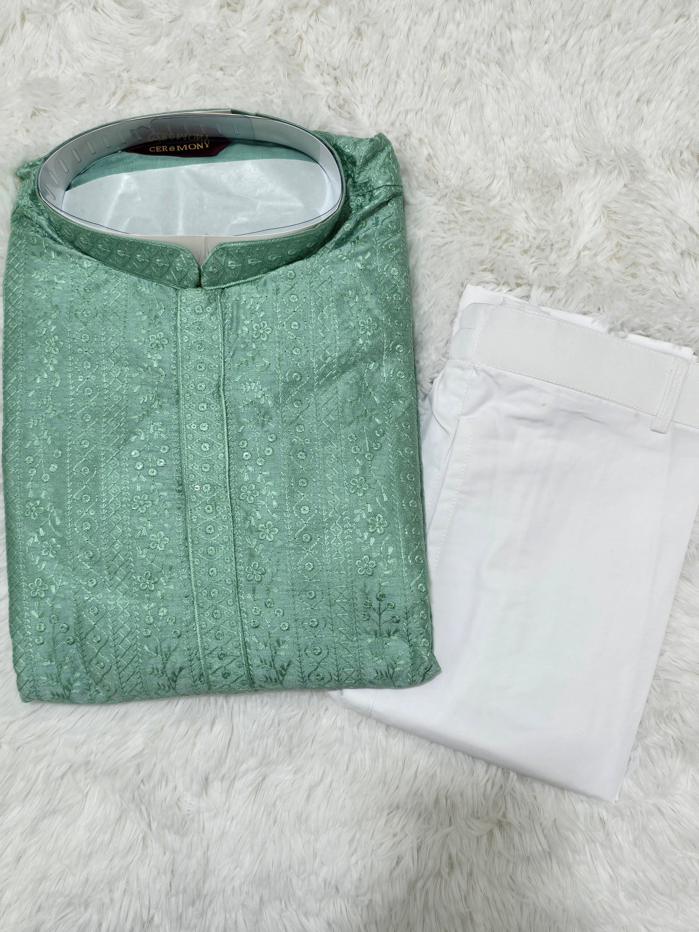 Men’s Pastel Green Self-Textured Kurta with White Pajama Set