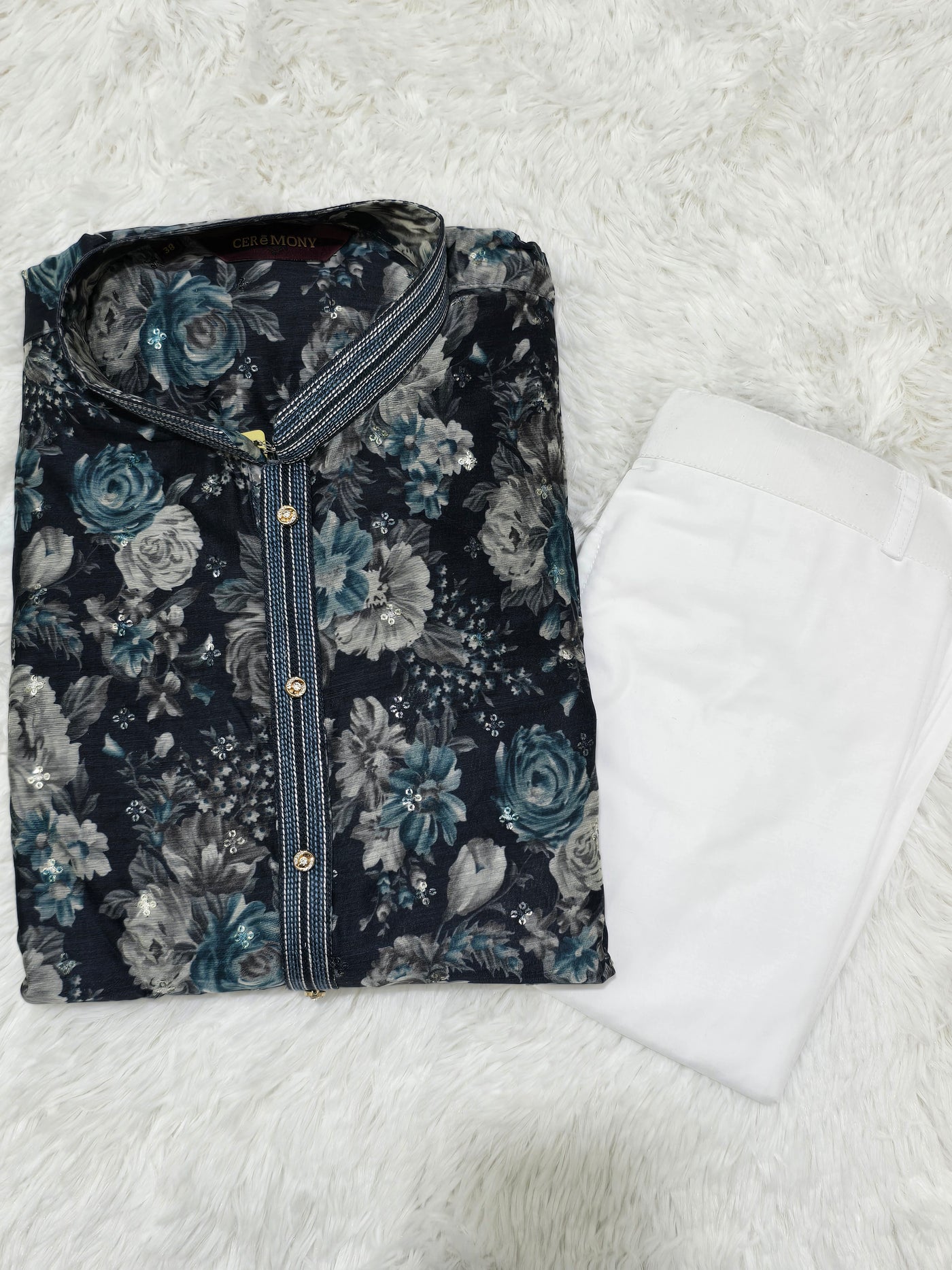Men’s Navy Blue Floral Printed Kurta with White Pajama Set