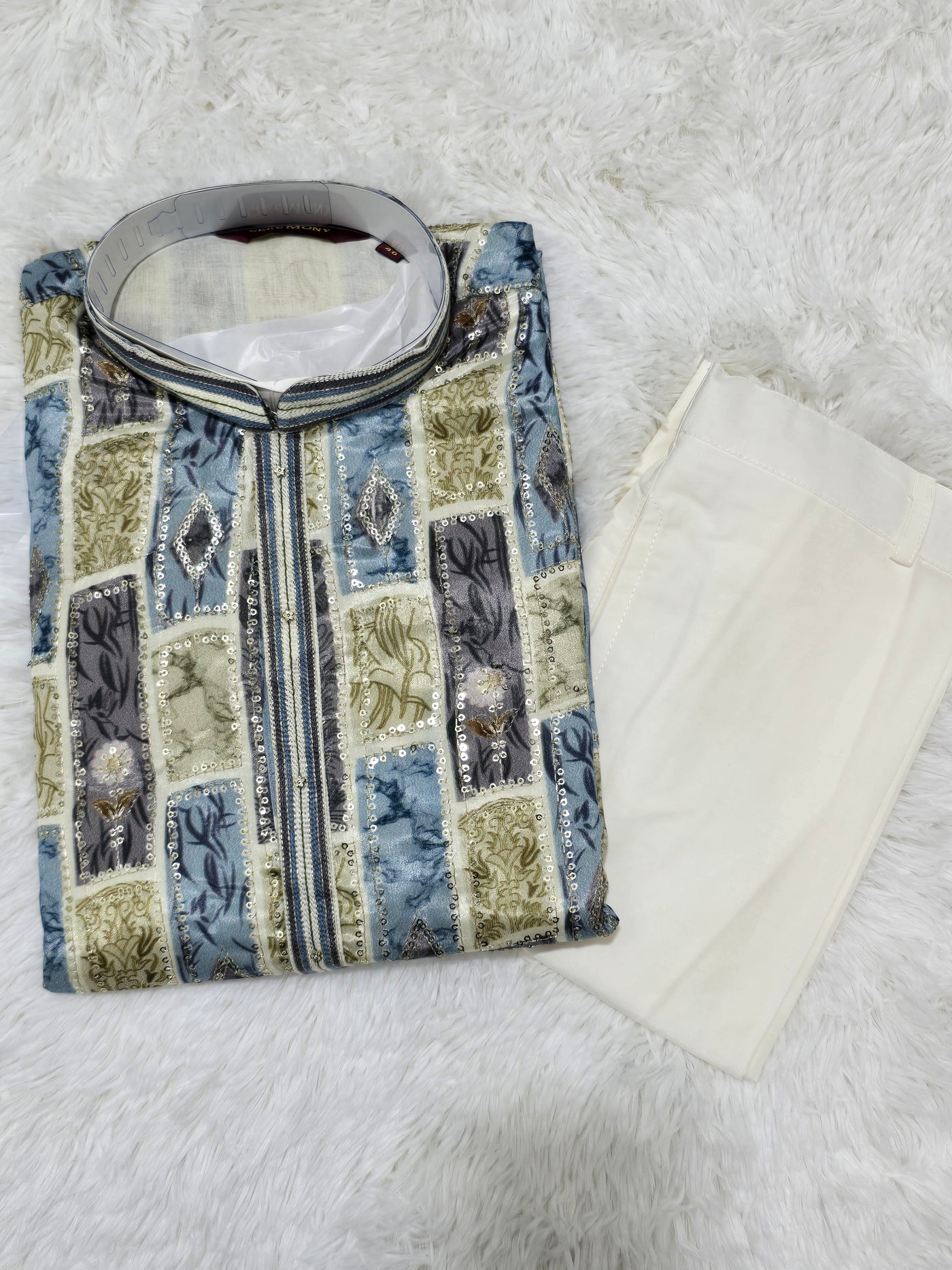 Men’s Blue & Grey Patchwork Embroidered Kurta with White Pajama Set